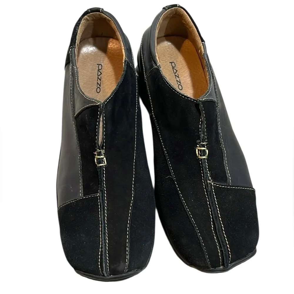 PAZZO MIXED LEATHER SUEDE WEDGE LOAFERS BLACK SIZE 7